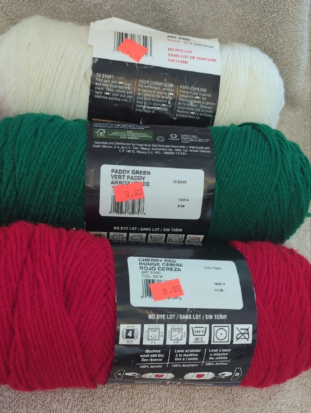 Red Heart Super Saver Yarn's in Red, White, and Green